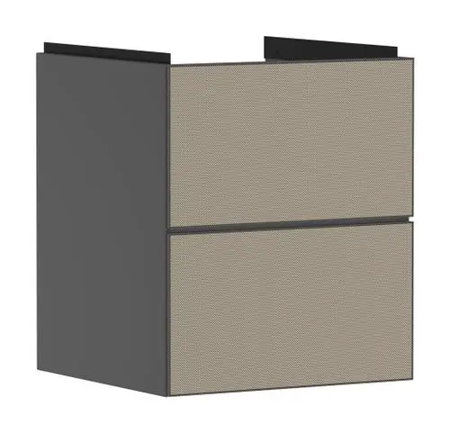 Hochschrank von Hansgrohe in schiefergrau mit zwei Schubkästen. Die Fronten sind mit einem feinen Gittermuster versehen. Ideal für die Nutzung mit einem Handwaschbecken.